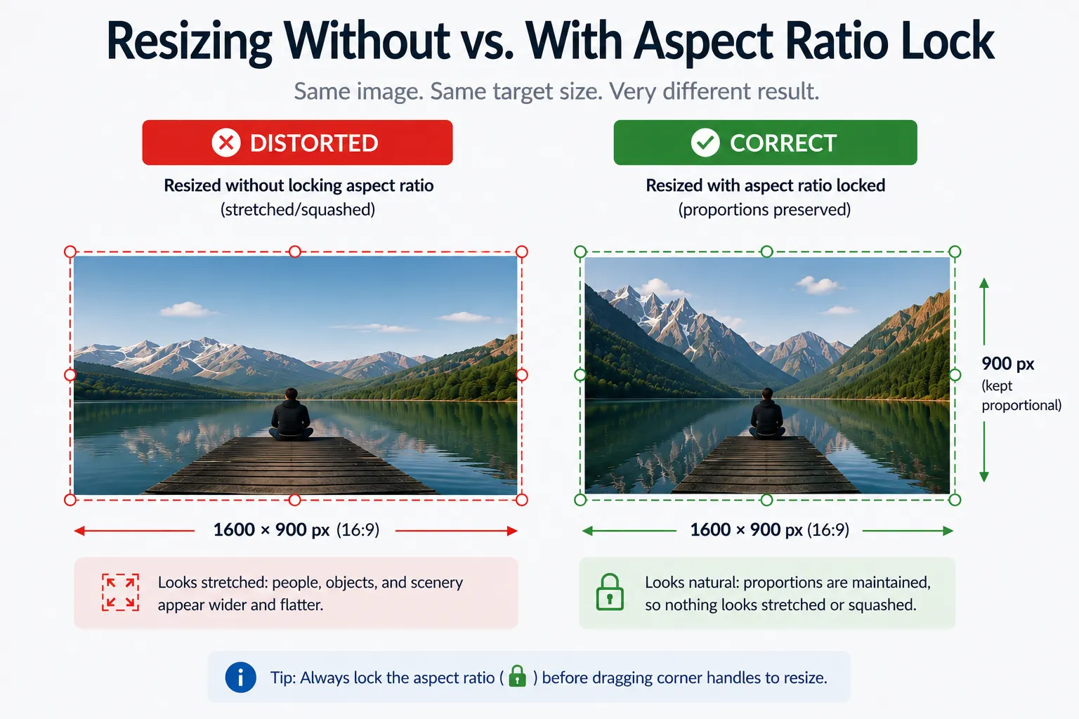 Side-by-side comparison of a distorted image resized without locking aspect ratio versus a correctly resized version
